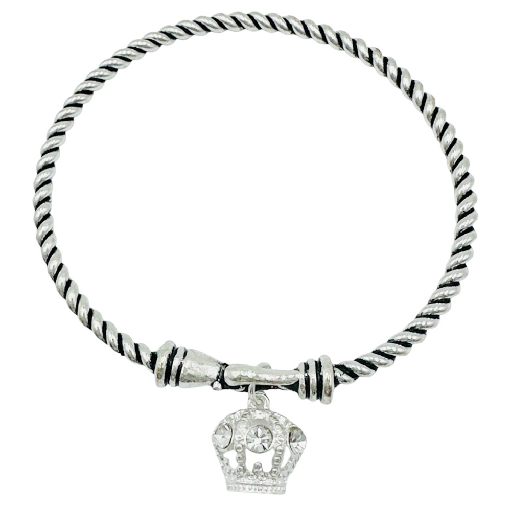 Crown Charm Cable Twist Bangle Bracelet Silver Tone